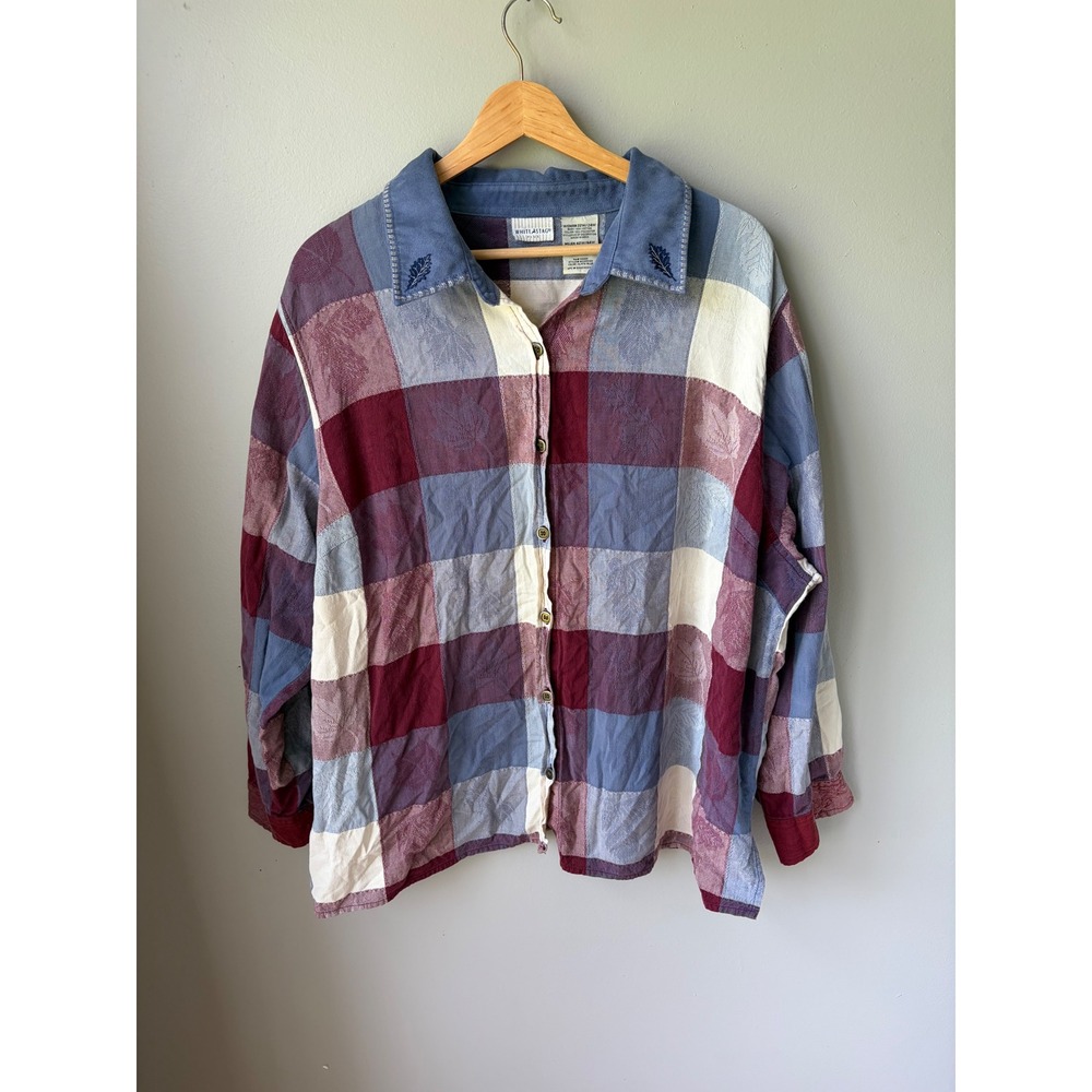 White Stag Plus Womens 22W/24W Plaid Jacquard Leaf Embroidered Button Up Shirt